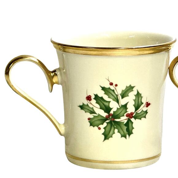 Lenox Holiday Dimension Flat Cups/Mugs Holly and Berry Ivory Gold Trim-Set of 4 - Picture 5 of 7